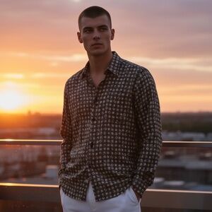 Pronto Uomo Mens Cotton Long Sleeve Button Up Green/White Pattern Shirt Size L